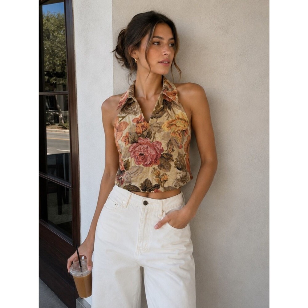 Cider Floral Tapestry Halter Crop Top Size Large Cottagecore
